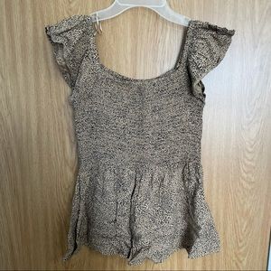 Square Neck short sleeve tan and black cheetah print blouse with ruffle sleeves